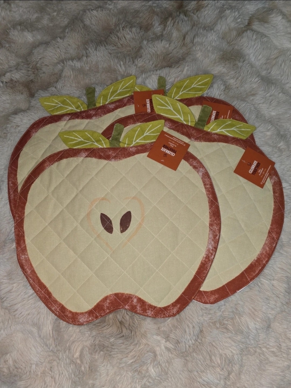 Apple-Shaped Quilted Placemats 15" Set Of 4